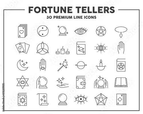 Fortune tellers thin line icon. Concept of divination and card-reading. Vector illustration symbol elements for web design and apps..