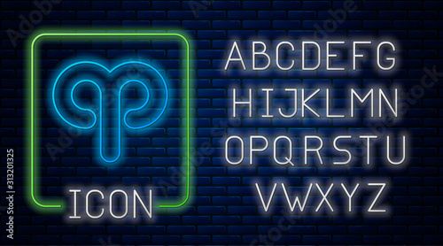 Glowing neon Aries zodiac sign icon isolated on brick wall background. Astrological horoscope collection. Neon light alphabet. Vector Illustration