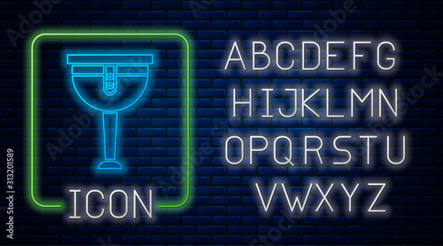 Glowing neon Wooden pirate leg icon isolated on brick wall background. Neon light alphabet. Vector Illustration