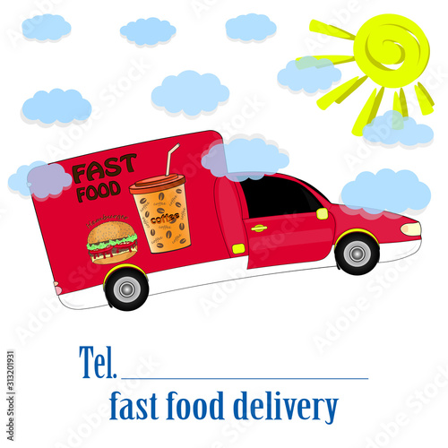 fast food delivery poster. vector illustration. fast food car with burger and coffee. food service. vector illustration.