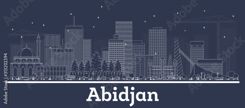 Outline Abidjan Ivory Coast City Skyline with White Buildings.