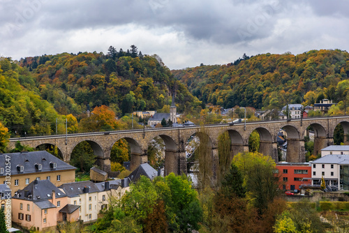 Aerial view of the Passerelle or Luxembourg Viaduct in the UNESCO World Heritage Site of Luxembourg old town