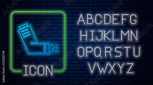 Glowing neon Inhaler icon isolated on brick wall background. Breather for cough relief, inhalation, allergic patient. Medical allergy asthma inhaler spray. Neon light alphabet. Vector Illustration