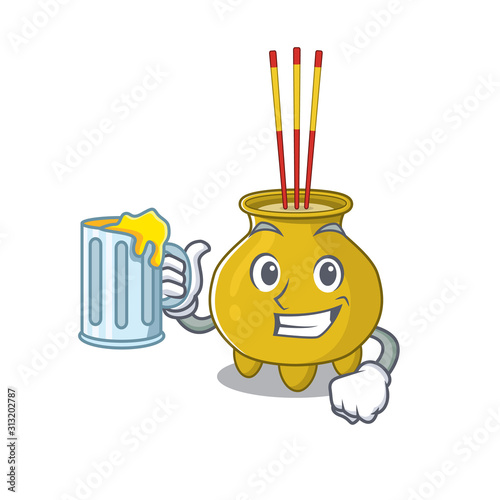 Happy chinese incense mascot design with a big glass