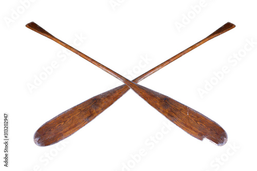 A pair of old, well-used, partially broken oars isolated on a white background Fototapet