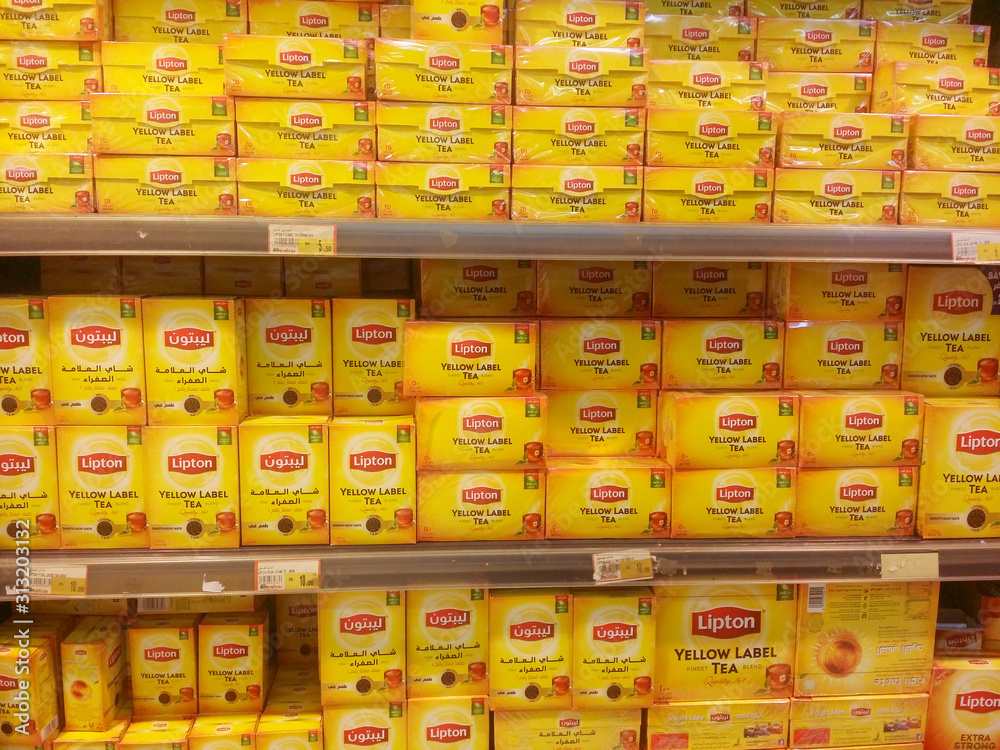 Boxes of yellow label Lipton tea by Unilever sold at Bin Dawood