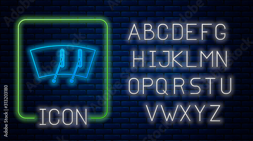 Glowing neon Windscreen wiper icon isolated on brick wall background. Neon light alphabet. Vector Illustration