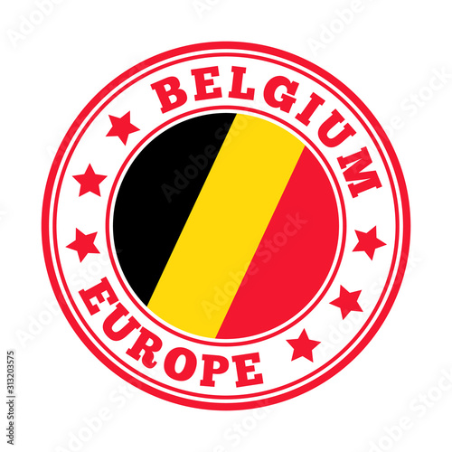 Belgium sign with national flag in a round logo design for travel.
