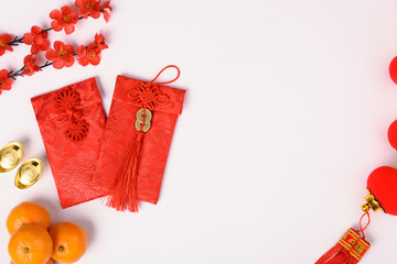 Chinese new year festival concept, flat lay top view, Happy Chinese new year with Red envelope and gold ingot