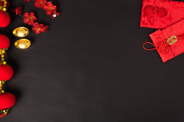Chinese new year festival concept, flat lay top view, Happy Chinese new year with Red envelope and gold ingot