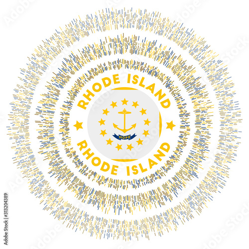 Rhode Island symbol. Radiant US state flag with colorful rays. Shiny sunburst with Rhode Island flag. Awesome vector illustration.