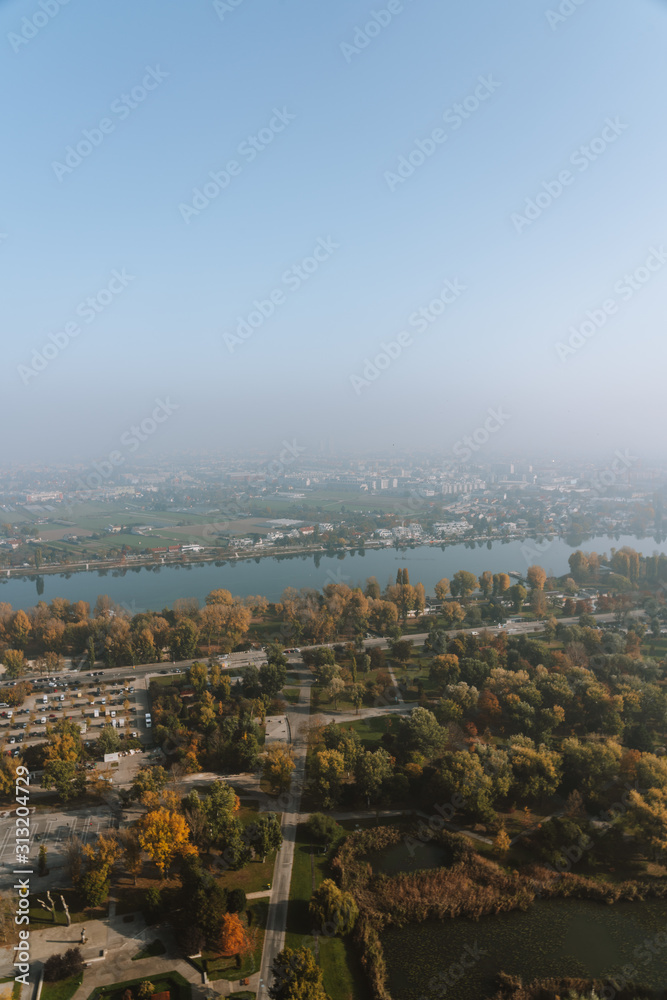 City views from atop of the Danube tower in Vienna, Austria