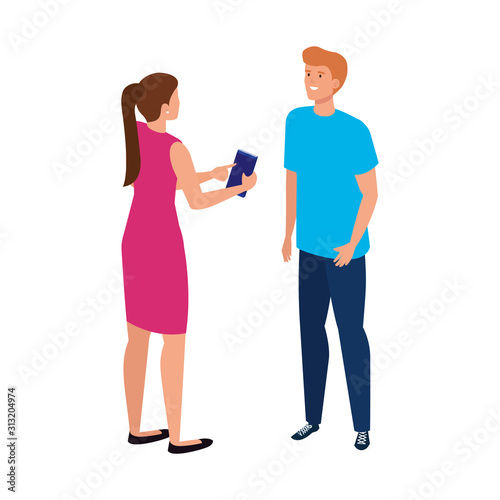 young couple with smartphone avatar character icon