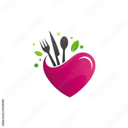 Love eat logo, healthy food logo template. vector of heart shape with spoon, fork and knife, organic product label, diet menu symbol, dining and restaurant logo element