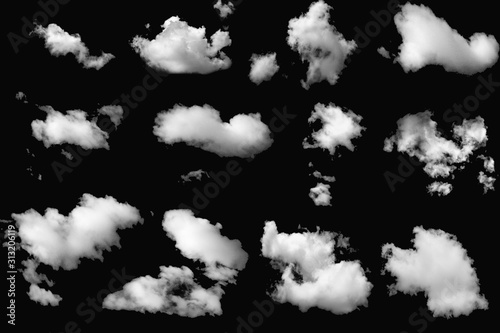 Collection group of white fluffy clouds on isolated elements black background.