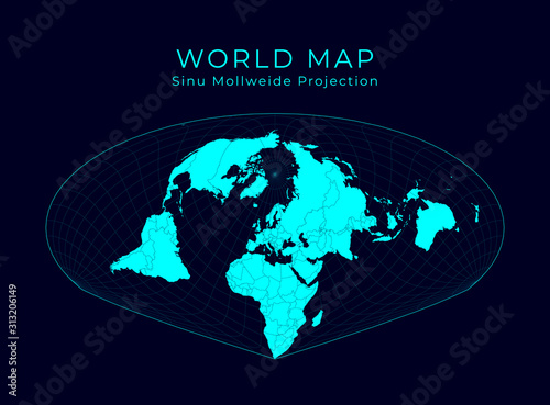 Map of The World. Allen K. Philbrick's Sinu-Mollweide projection. Futuristic Infographic world illustration. Bright cyan colors on dark background. Appealing vector illustration.