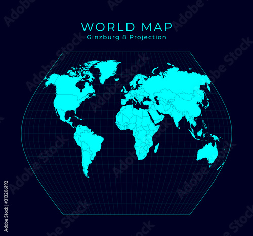 Map of The World. Ginzburg VIII projection. Futuristic Infographic world illustration. Bright cyan colors on dark background. Radiant vector illustration.
