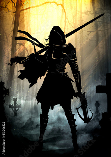 Leinwand Poster The silhouette of a girl in a hood with a long sword and a crossbow in her hands, in a ragged cloak and armor elements on her chest and shoulders, Stands in the middle of the cemetery in the sun