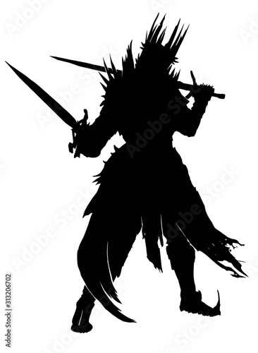 The silhouette of a knight standing with paired swords, makes a pointing gesture with his blade, on his head he has a spiked crown, he is dressed in armor and a ragged cloak. 2D illustration.