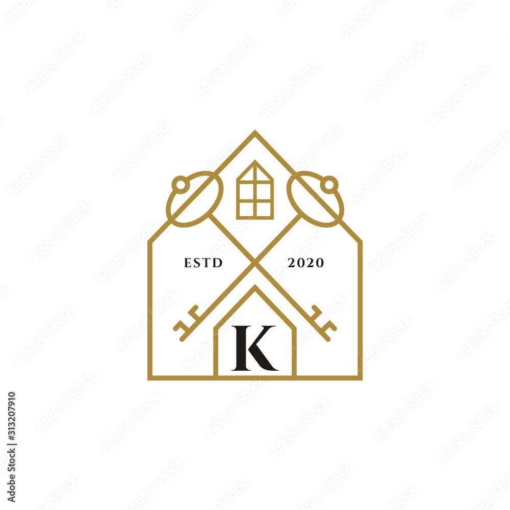 Simple Minimalist House With Crossed Key Logo Template For Real Estate. Property Agent. Marketing Sales, And Professional Realtor. Vintage Housing Logo With Initial Letter K Simple Minimalist House With Crossed Key Logo Template For Real Estate. Property Agent. Marketing Sales, And Professional Realtor. Vintage Housing Logo With Initial Letter K