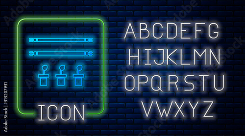 Glowing neon Smart farm with light bulb and plant symbol icon isolated on brick wall background. Neon light alphabet. Vector Illustration