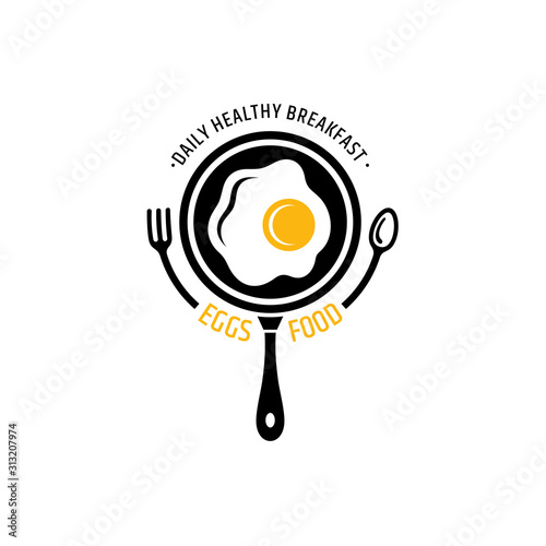 Eggs cooking logo element. Food/meal logo design. Vector of pan with egg, spoon and fork for culinary, dining and restaurant business logo template