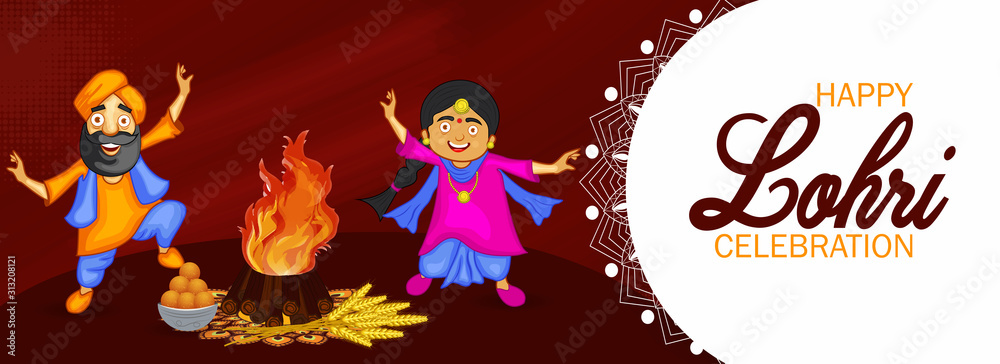 Happy Lohri Celebration. illustration of Happy Lohri holiday background for  Punjabi festival with punjabi man and women and bonfire, wheat, sweets.  Stock Vector | Adobe Stock