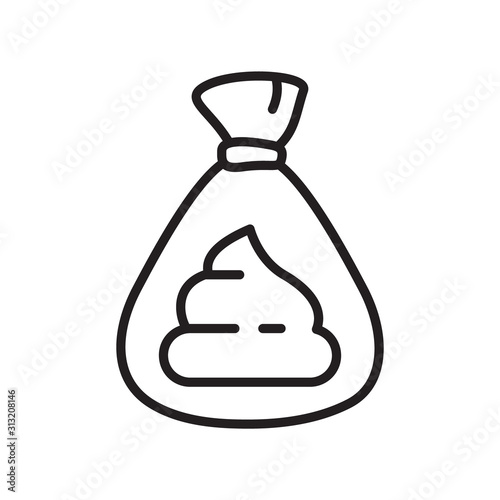Hygienic dog bag with poop icon. Thin line art for logo. Black and white simple illustration. Contour hand drawn isolated vector image on white background. Cleaning the park after walking pets concept