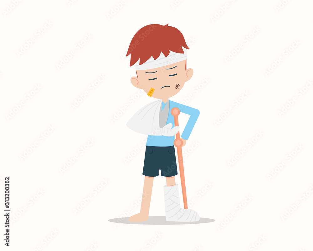 Flat Boy was Injured.Injured, broken arm, broken leg, affected head Flat Boy was Injured.Injured, broken arm, broken leg, affected head