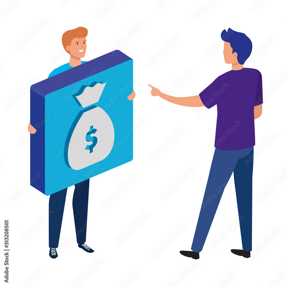 young men and button with money bag young men and button with money bag