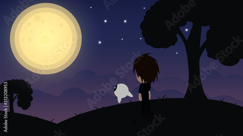 Flat Cartoon And His Robot look the Full Moon In Night So Sadly night.