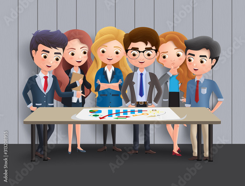 Business characters meeting vector concept. Business character office employee team in meeting for marketing sales and brainstorming ideas. Vector illustration.