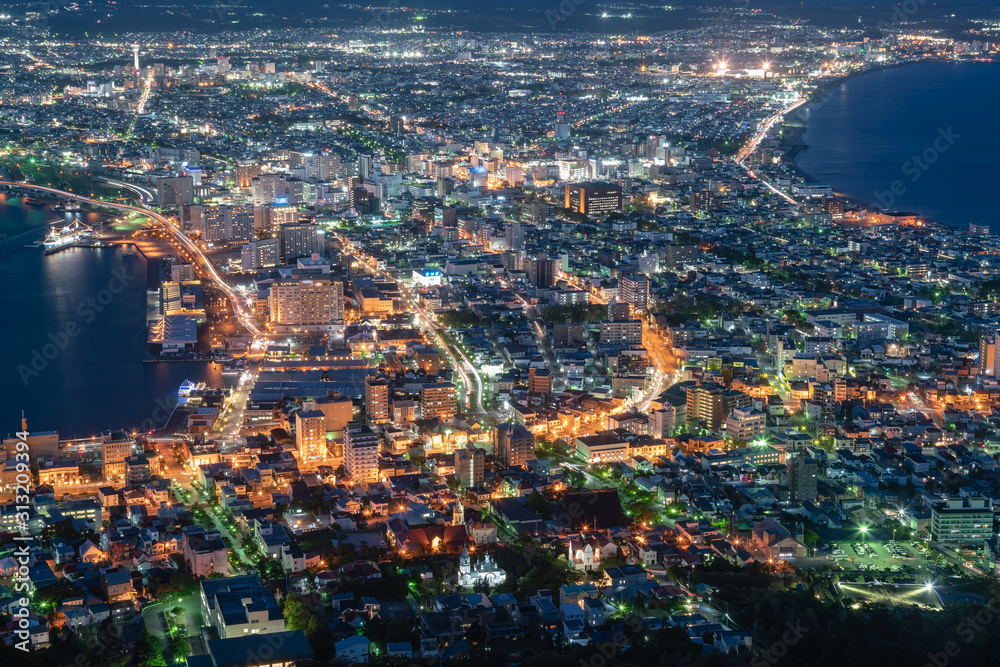Hakodate night life aerial view at Mt.Hakokate, Hokkaido Japan cityscape background