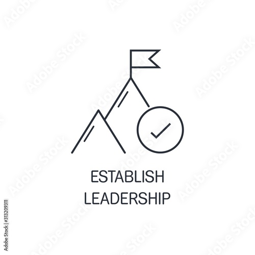 Mountains, flag , checkmark. Establish leadership. Vector linear icon on a white background.