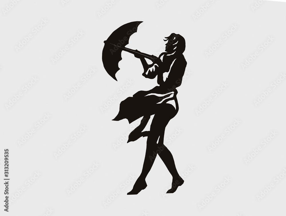 Silhouette of girl with an umbrella. Girl opens an umbrella in inclement weather. Silhouette of girl with an umbrella. Girl opens an umbrella in inclement weather.