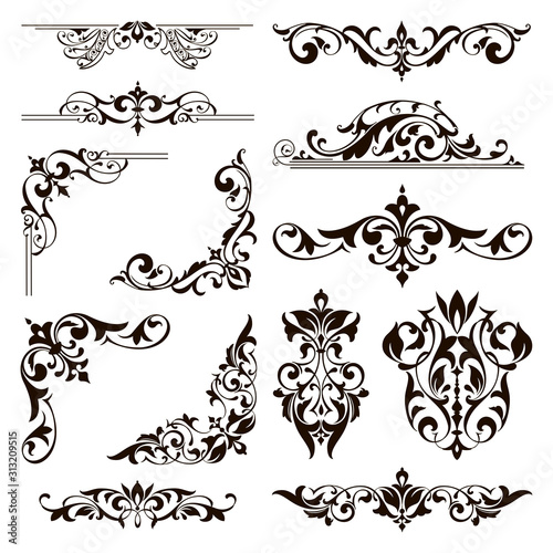 Ornamental design lace borders and corners Vector set art deco floral ornaments elements