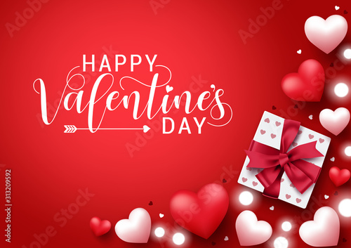 Valentines vector banner background. Happy valentines day greeting typography  with elements like gift, hearts and lights decoration in red background. Vector illustration.