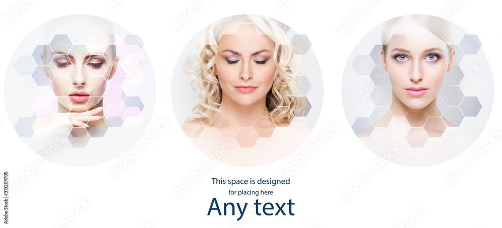 Beautiful face of young and healthy girl in collage. Plastic surgery, skin care, cosmetics and face lifting concept. Beautiful face of young and healthy girl in collage. Plastic surgery, skin care, cosmetics and face lifting concept.