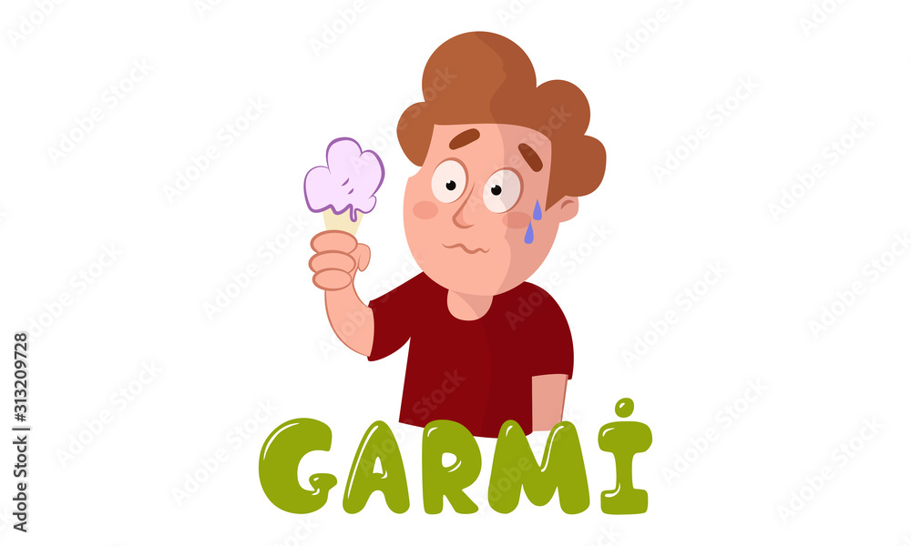 Vector cartoon illustration of man holding ice cream. Garmi Hindi text  translation its hot. Isolated on white background. Stock Vector | Adobe  Stock