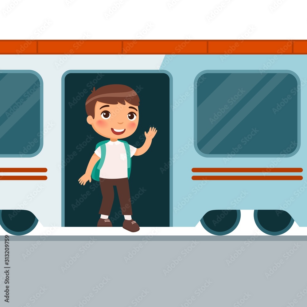 Preteen boy getting off train flat vector illustration. Little passenger  standing in railway transport and waving hand. Train arrival, departure.  Small kid leaving wagon color cartoon character Stock Vector | Adobe Stock