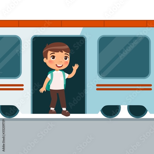 Preteen boy getting off train flat vector illustration. Little passenger standing in railway transport and waving hand. Train arrival, departure. Small kid leaving wagon color cartoon character