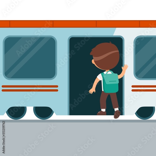 Boy with backpack entering train flat vector illustration. Little passenger getting into wagon. Child back view standing in railway transport, subway station. Train departure. Cartoon character
