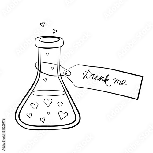 Bottle with a love potion and a tag with Drink me text. Test tube with liquid and hearts. Outline coloring book for Valentine's Day. Stock vector hand drawn illustration isolated on white background.