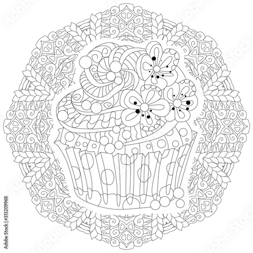 Decorative cupcake pattern on a patterned round substrate