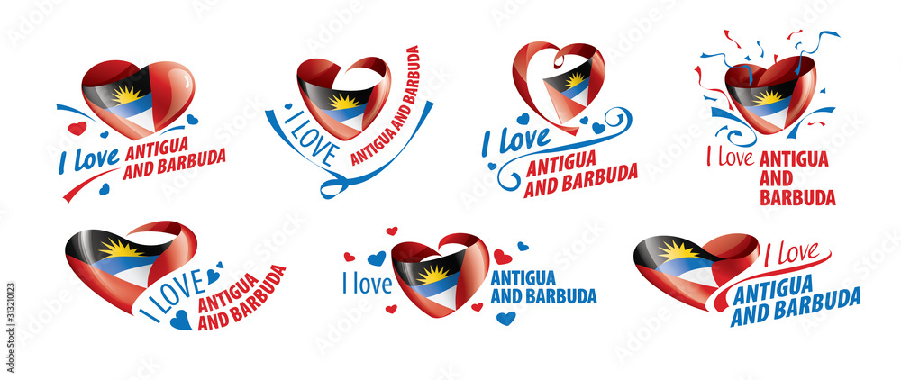 The national flag of the Antigua and Barbuda and the inscription I love Antigua and Barbuda. Vector illustration