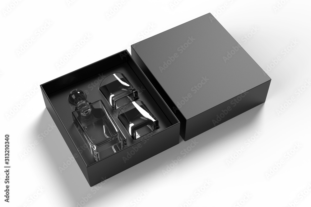Whiskey decanter bottle and glass Gift Box for branding and mock up. 3d render illustration. Whiskey decanter bottle and glass Gift Box for branding and mock up. 3d render illustration.
