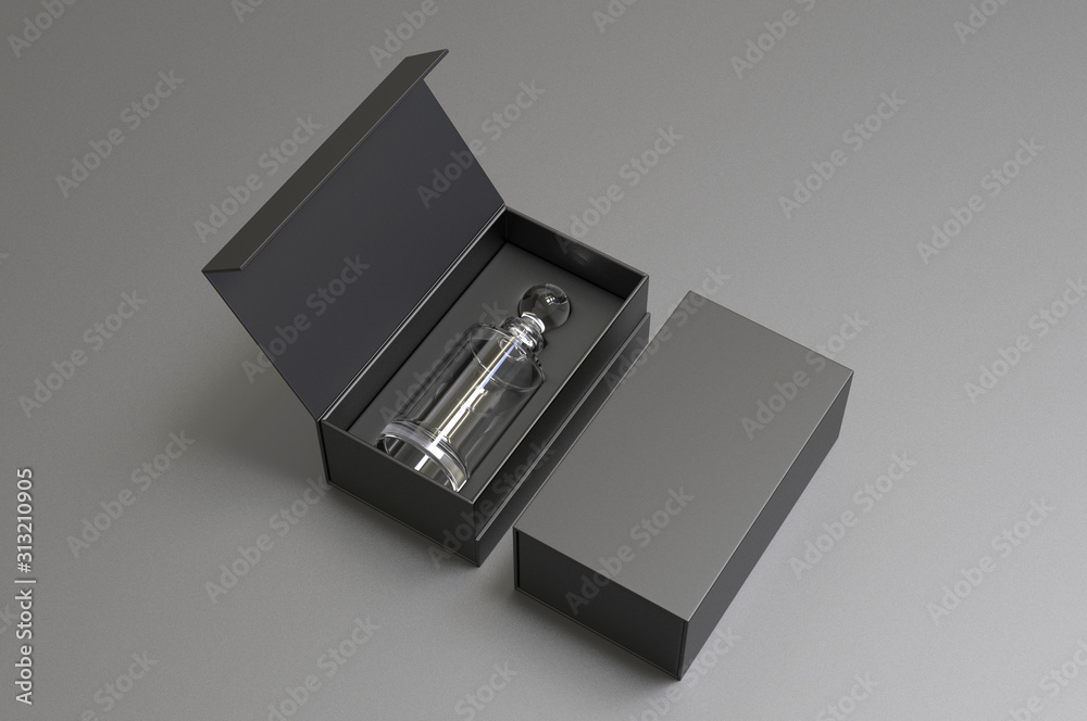 Obraz premium Whiskey decanter bottle Gift Box for branding and mock up. 3d render illustration.