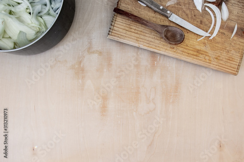 Top view or bill board ready shot of chopping onions