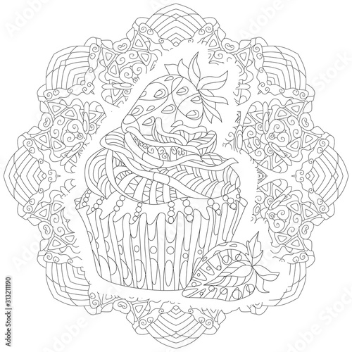 Decorative cupcake pattern on a patterned round substrate