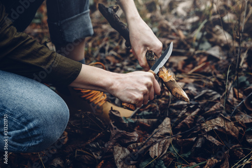 Woman Traveler Plane Knife With Wooden Stick, Hands Close-up. Bushcraft Survival And Scouting Concept photo
